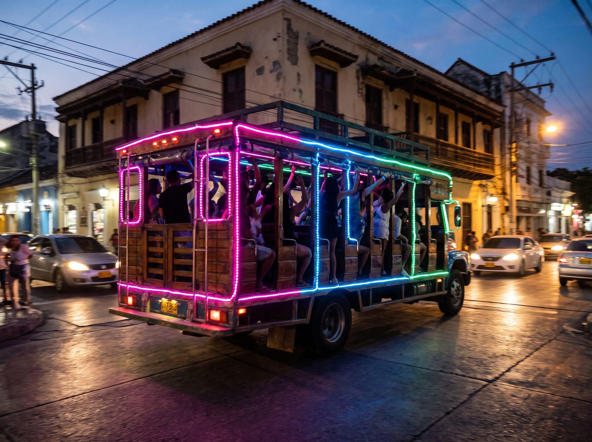 Chiva rumbera iluminada recorriendo Santa Marta de noche